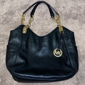 Michael Kors Black Leather Shoulder Bag with Gold Details